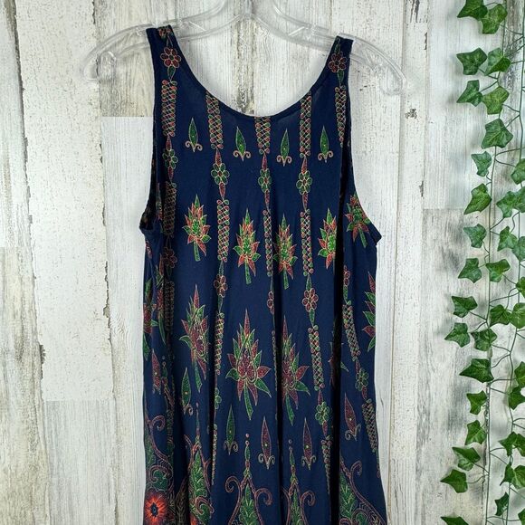 Lapogee India 100% Rayon Blue Orange Floral Long Tank Maxi Tunic Dress medium - Picture 6 of 9